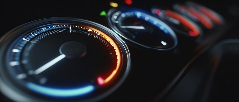 Close-up of car dashboard gauges illuminating.