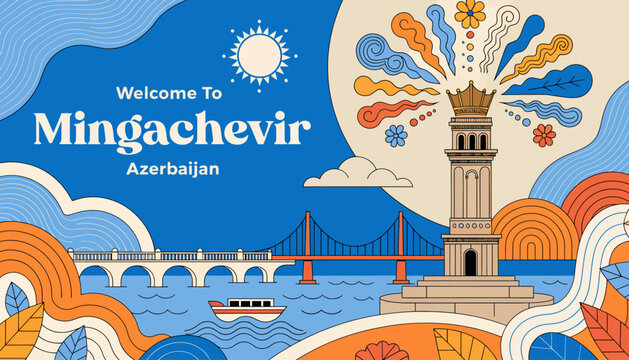 Welcome to Mingachevir, Azerbaijan: Modern illustration of cityscape with bridge, lighthouse, boat, and stylized sun.