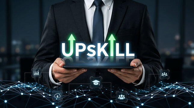 Businessman holding tablet with upskill and digital learning concept