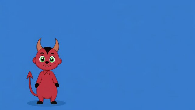 Cute devil character dancing with horns and tail on blue background with cinematic motion