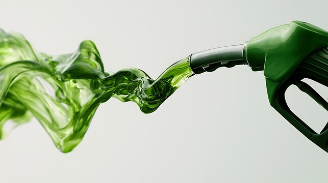 Awesome photo of green liquid flowing from a fuel nozzle isolated on white background.