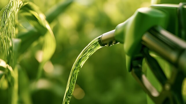 Awesome photo of green biofuel pouring from a fuel nozzle in a corn field.