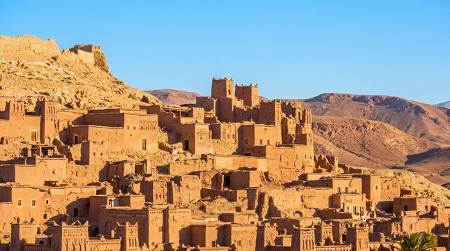 Ancient earthen ksar on desert hillside with traditional mud brick architecture. Historic berber fortress village in Morocco. Cultural heritage and travel destination concept