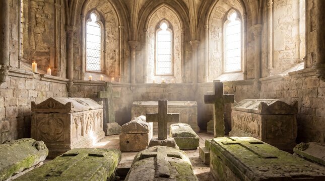 Ancient stone crypt interior with medieval sarcophagi and cross tombstone. Historic church burial chamber with sunlight and candle light. Heritage, religion and death history concept