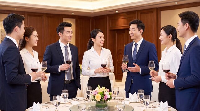 Asian business team networking at corporate banquet. Group of man and woman with wine glass talking at formal dinner. Professional communication and company celebration concept.