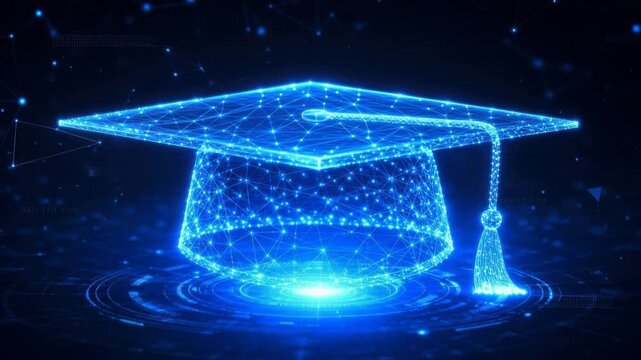 Futuristic digital graduation cap with glowing blue network lines representing education technology innovation