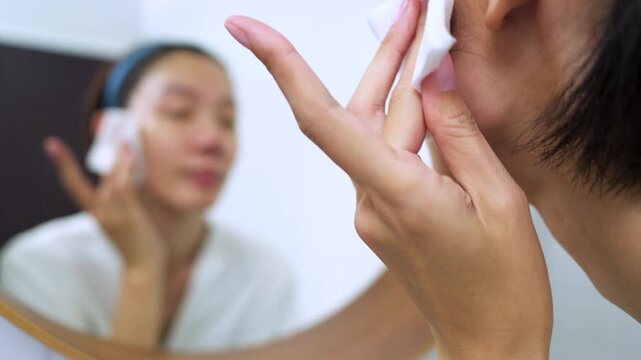 Close-up of a woman using a cotton pad for facial cleaning in front of a vanity mirror. Daily skincare routine, cosmetics removal, healthy skin, and self care concept.