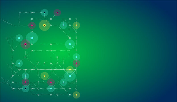 Abstract geometric network of circles and lines on a green gradient background