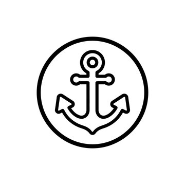 Nautical anchor enclosed in a circle, presented as a black line on a white background, for maritime and, travel themes