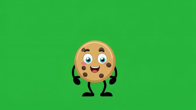 Dancing cookie character with arms wide open on green screen background
