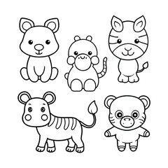 Fototapeta premium Cute cartoon animal characters set including a lion, zebra, monkey, tiger, and bear in simple black line style