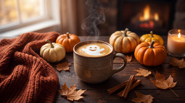 Cozy Autumn Brew: A warm cup of coffee, adorned with a whimsical ghost design, steams invitingly on a rustic wooden table. Surrounded by mini pumpkins, autumn leaves, and a crackling fireplace.