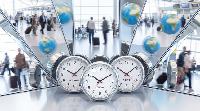 Clocks showing New York, London and Tokyo time zones at airport terminal with globe reflections. International travel and time difference concept. World clock for business trip schedule