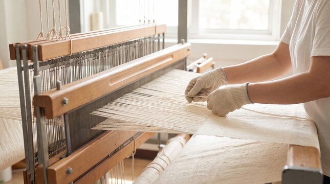 Close up of weaver working on wooden hand loom weaving natural fabric in workshop. Traditional textile craftsmanship and handmade production. Artisan manufacturing and cultural heritage concept