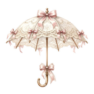 vintage lace parasol with pink ribbon bows, aesthetic coquette umbrella clipart