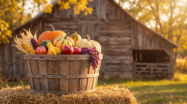 Harvest Bounty: A rustic wooden bushel overflows with a vibrant assortment of autumn produce, including pumpkins, gourds, corn, and apples.
