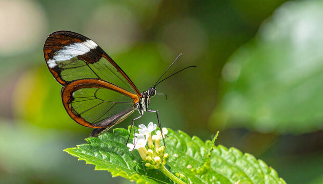 Transparent winged butterfly perched on green leaf