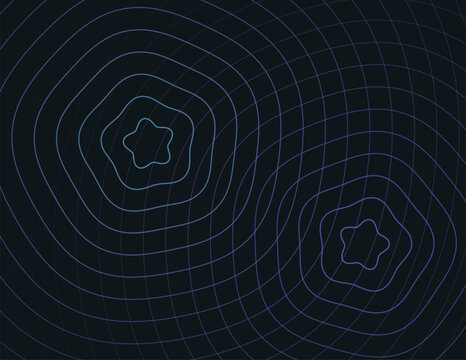 Abstract dark blue topographic contour lines with star shapes and grid pattern