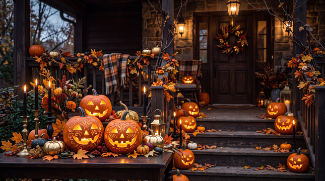 Halloween Porch Display: A festively decorated porch welcomes trick-or-treaters with carved jack-o'-lanterns, autumn foliage, and warm glowing lights.