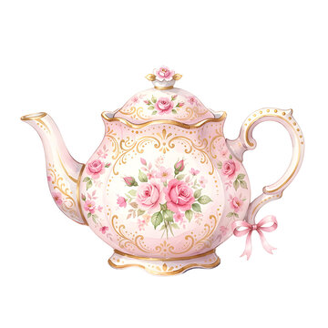 vintage pink floral teapot with gold trim and ribbon bow, aesthetic tea party clipart
