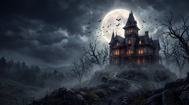 Haunted Mansion on a Moonlit Hill: An eerie, abandoned mansion stands silhouetted against a large full moon, shrouded in mist and surrounded by bare, skeletal trees.