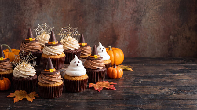 Spooky Halloween Cupcakes: A festive collection of Halloween-themed cupcakes, adorned with witch hats and ghost decorations.