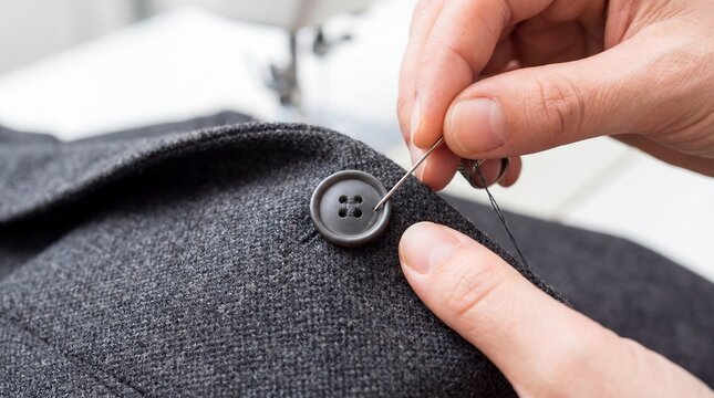Close-up of tailor hand sewing button onto gray wool coat with needle and thread. Handmade garment repair and alteration craft. Custom tailoring workshop and clothing maintenance concept