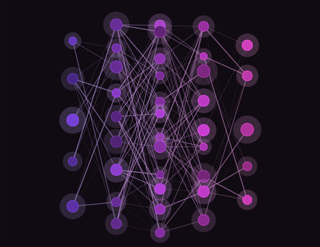 Abstract neural network with interconnected glowing nodes, vibrant purple and pink hues