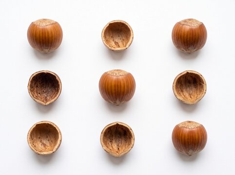 Single whole hazelnut surrounded by empty cracked hazelnut shells arranged in a grid on white background.