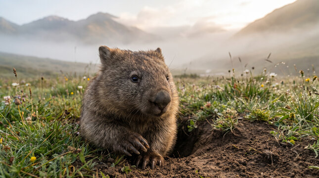 A chubby wombat walks out of its burrow into a dewy alpine meadow. The soft morning fog and cinematic lighting beautifully highlight its coarse brown fur and claws.
