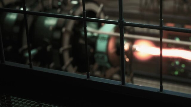 A machine in a facility releases a bright flame while working. The setting shows metal structures and a grid that contains the equipment. The scene captures an industrial process in action.