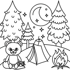 Fototapeta premium Night camping scene coloring page with a cute teddy bear sitting by a campfire under a crescent moon and stars