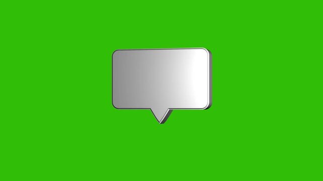 3D silver metallic speech bubble icon rotating on green screen chroma key background.