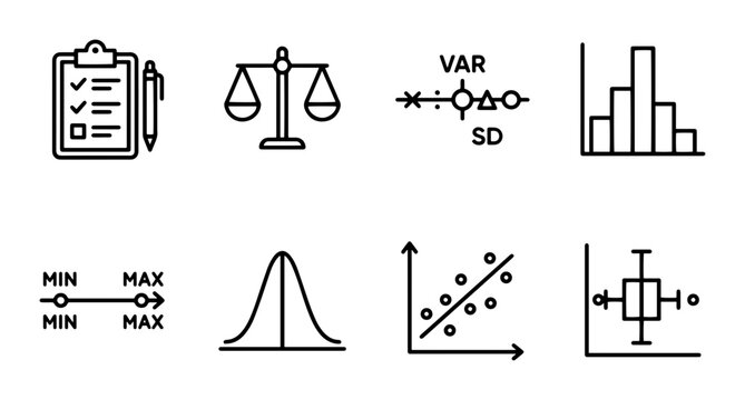 Statistical Icons Set, Data Analysis Graphics, Research Symbols, Vector Icons for Science and Business