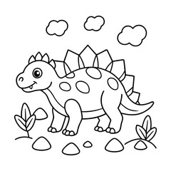 Stegosaurus dinosaur standing in a landscape with clouds and plants coloring page for kids black and white line © My Stock