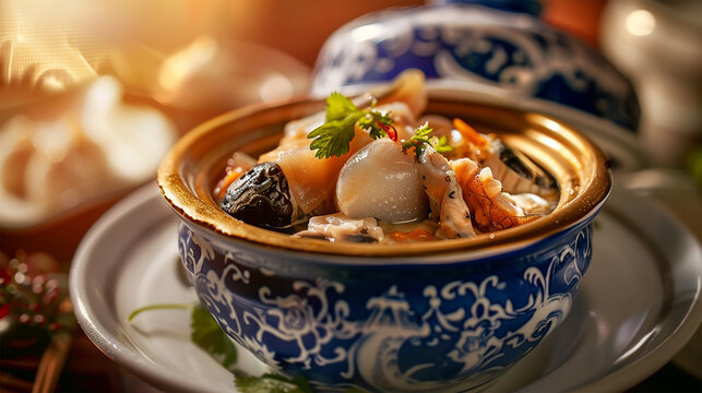 Ladle Scooping Buddha Jumps Over the Wall Soup from Traditional Clay Jar
