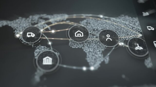 Global logistics network evolves with linked transport and banking icons