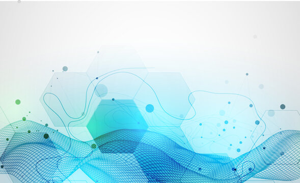 Abstract technology background with blue wireframe wave and  hexagons. Vector