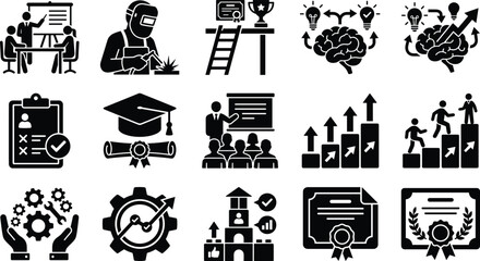 Naklejka premium Education and Career Growth Icon Collection with Skill Development Training and Certification Symbols for Business Graphic Design Projects
