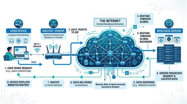How the internet works diagram showing a user device router modem data traffic to the ISP routing through the global backbone network and web server response