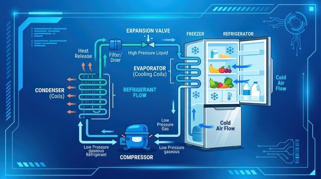 How a refrigerator works diagram of the refrigeration cycle with compressor condenser coils expansion valve evaporator cooling coils and refrigerant flow