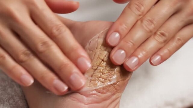 Close up view of a pedicurist applying a moisturizing lotion to a client's dry, cracked heel. The foot treatment aims to hydrate and repair damaged skin, providing relief from discomfort
