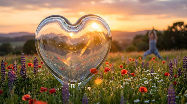 World heart day glass heart sculpture in field at sunset with person doing yoga