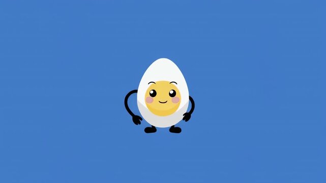 Animated hard boiled egg character dancing with joy in a simple blue studio setting