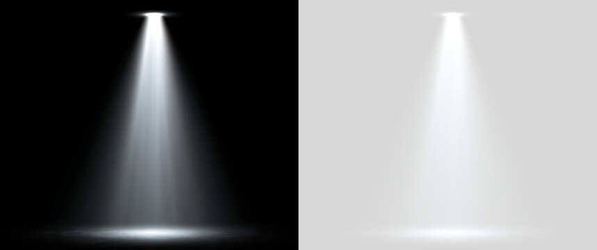 Spotlight beam illuminating empty dark stage. White light projector cone effect on black and transparent background