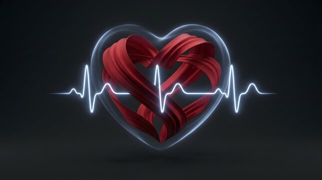 World heart day abstract red ribbon heart shape with glowing white heartbeat pulse line on dark background