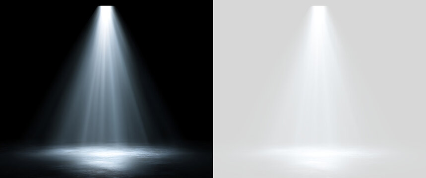 Spotlight beam illuminating dark glossy floor. Realistic overhead cone light ray overlay effect on transparent background