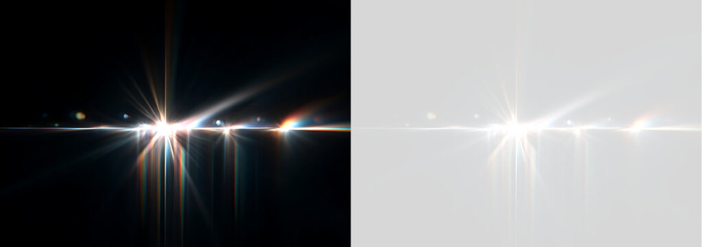 Optical lens flare effect with horizontal streak and rainbow prism dispersion. Anamorphic light leak overlay on transparent background