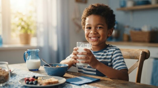 Happy young boy enjoying a healthy breakfast with milk and cereal at the kitchen table