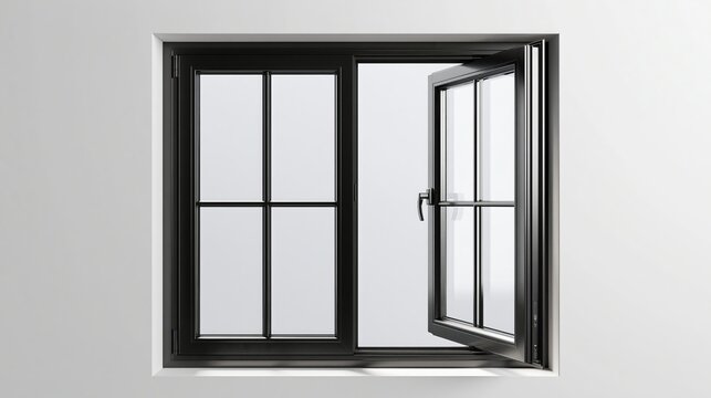 Black aluminum window features one open casement and glass panes in modern style.